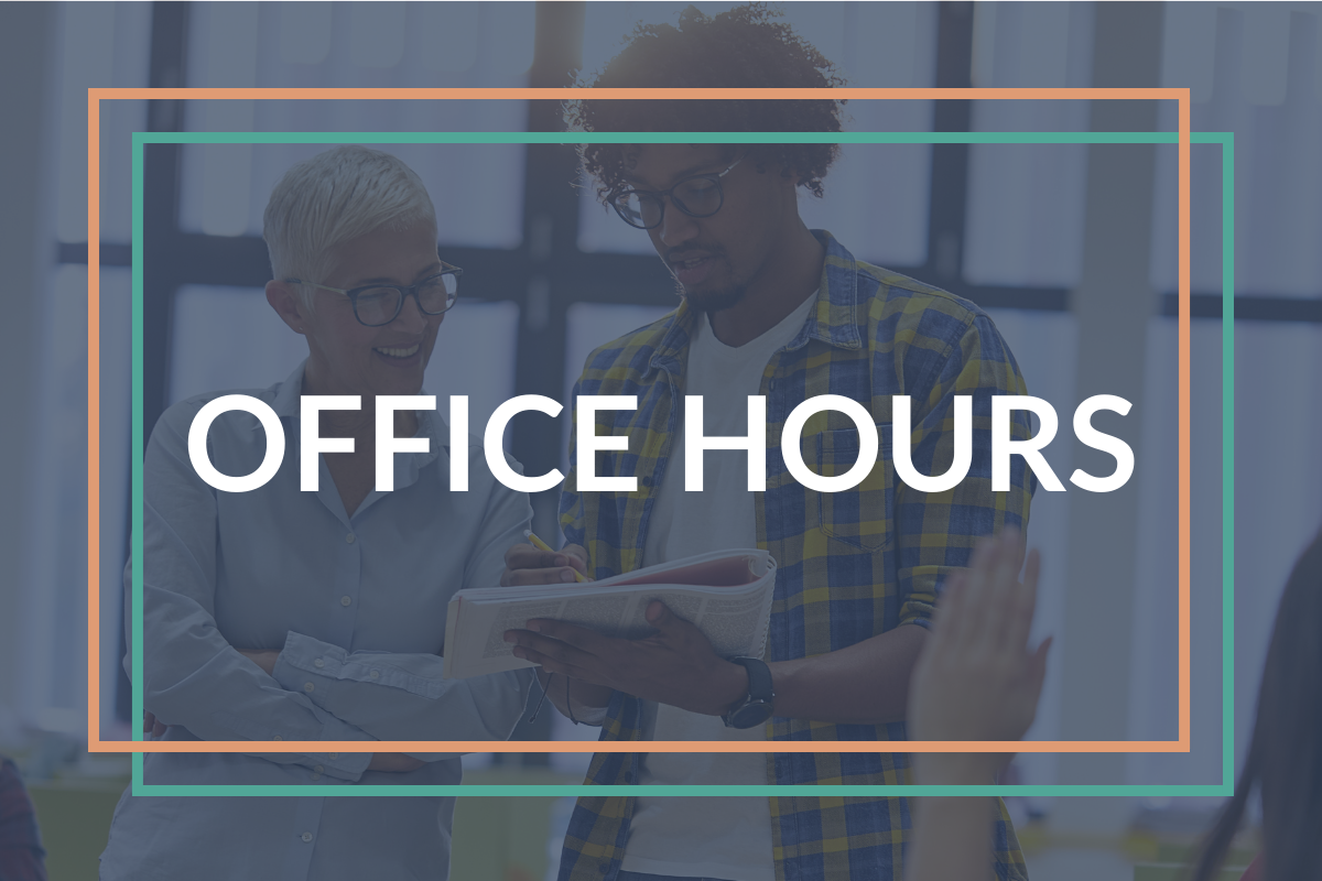 Centered white text that reads "Office Hours" with a background of two people having a conversation.