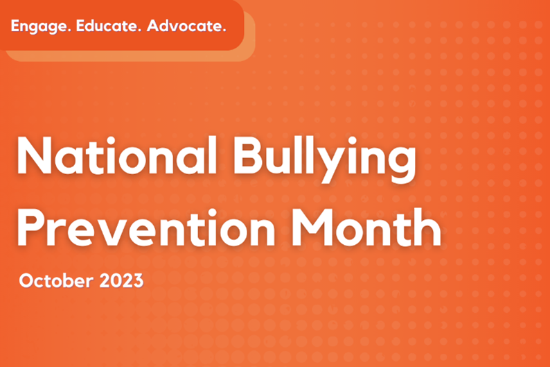 Text reads "National Bullying Prevention Month 2023" on an orange background. Text on the top left reads "Engage Explore Educate".