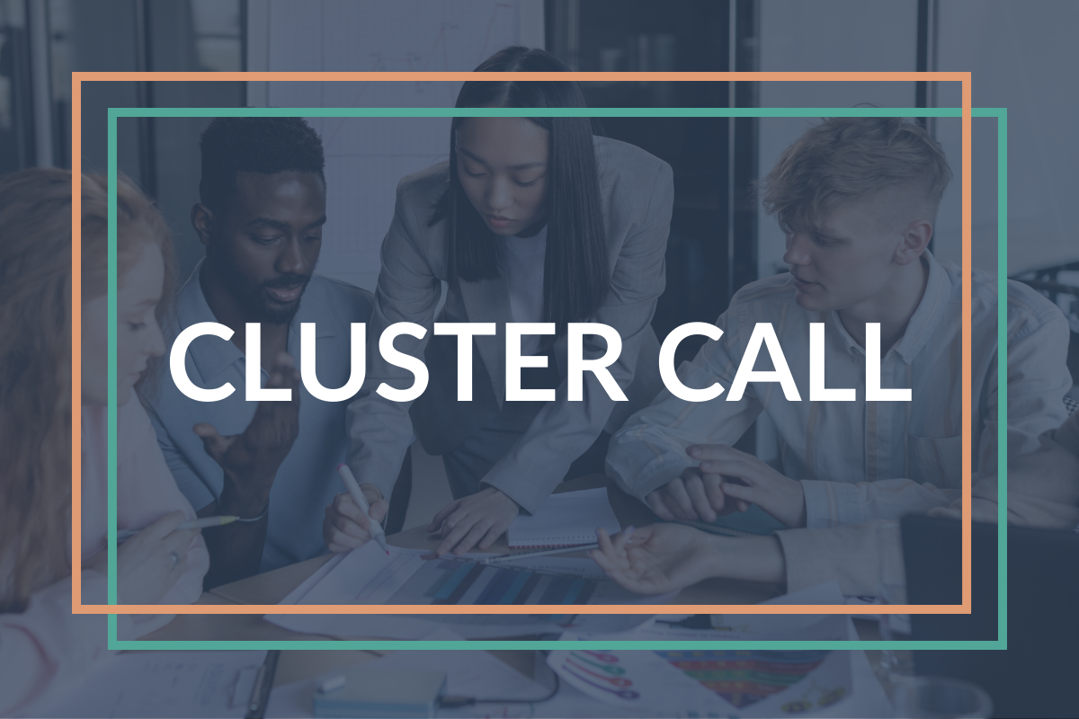 Centered white text that reads "Cluster Call" with four people collaborating on work in the background.