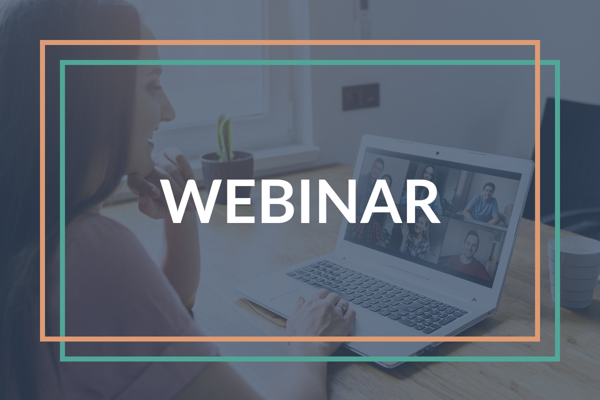 Centered white text that reads "Webinar" with a background of a person in a virtual meeting. 