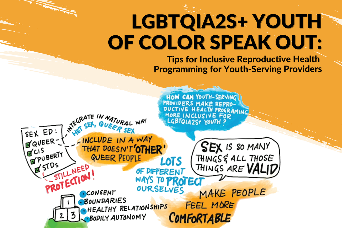 Text reads "LGBTQIA2S+ Youth of Color Speak Out: Tips for Inclusive Reproductive Health Programming for Youth-Serving Providers" above several hand drawn pictures and handwritten notes.