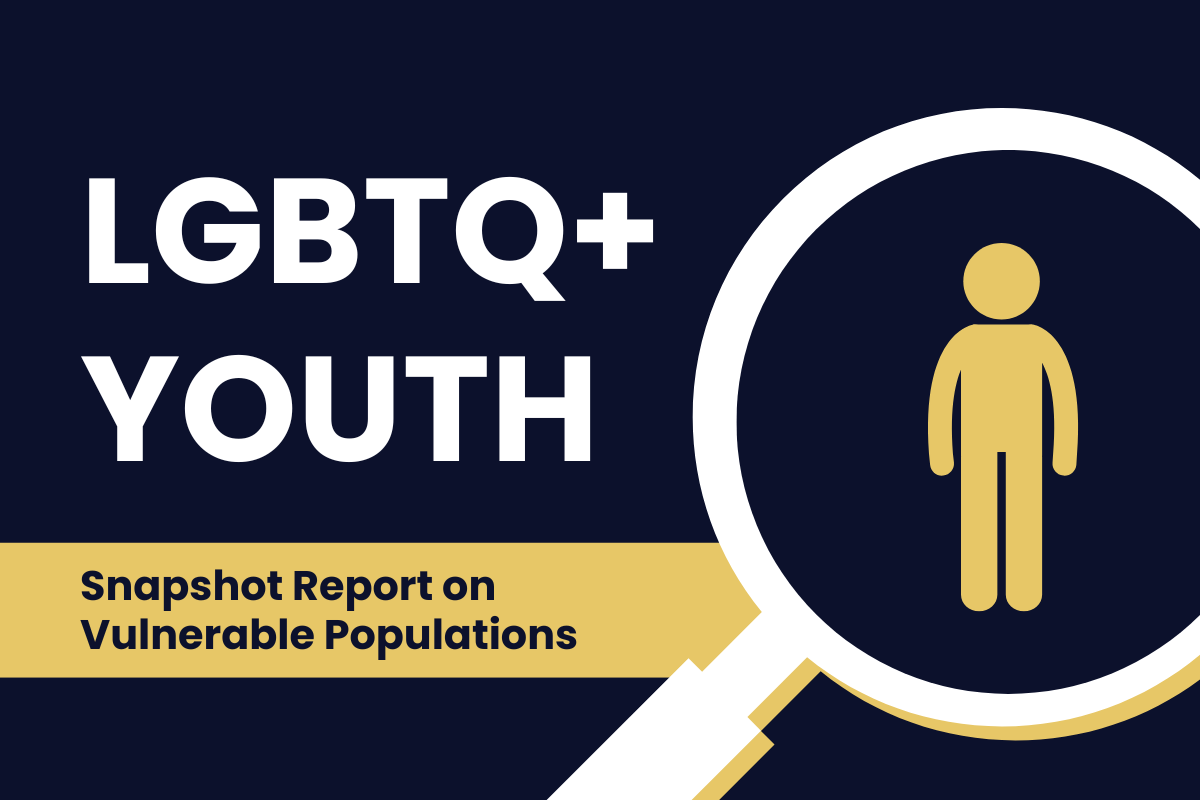 Graphic of person in magnifying glass with text: LGBTQ+ Youth: Snapshot Report on Vulnerable Populations.