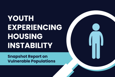 Illustration of magnifying glass person icon with text: Youth Experiencing Housing Instability: Snapshot Report on Vulnerable Populations.