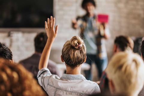 Image of young female raising hand in a group setting.