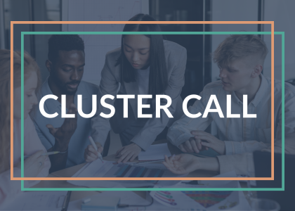Centered white text that reads "Cluster Call" with four people collaborating on work in the background.