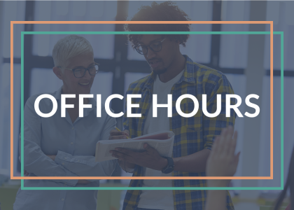 Centered white text that reads "Office Hours" with a background of two people having a conversation.