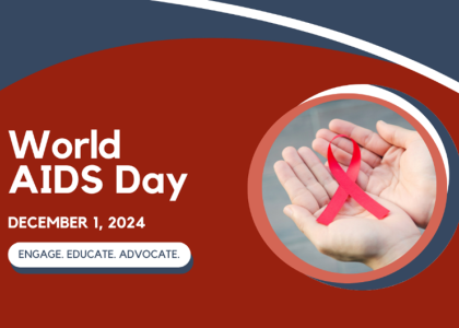 Photo of hands holding a red ribbon with text: World AIDS Day. December 1, 2024. Engage. Educate. Advocate.