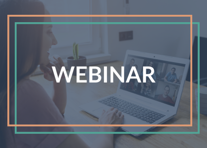 Centered white text that reads "Webinar" with a background of a person in a virtual meeting. 