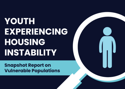 Illustration of magnifying glass person icon with text: Youth Experiencing Housing Instability: Snapshot Report on Vulnerable Populations.