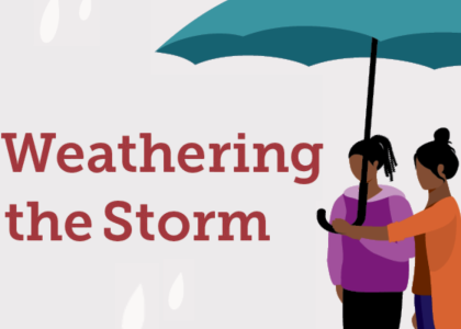 Text reads "Weathering the Storm" on a background with two people holding an umbrella in rain.