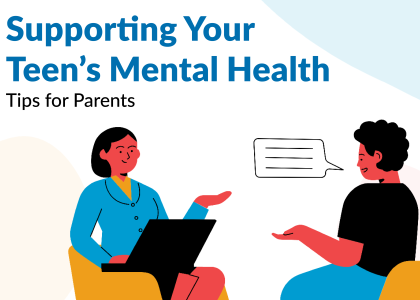 Text reads "Supporting Your Teen's Mental Health Tip Sheet for Parents" with a graphic of a teen talking to an adult.