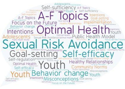 Comment bubble highlighting topics from the e-learning modules including Sexual Risk Avoidance, Optimal Health, Goal-setting, Youth, and Healthy Relationships